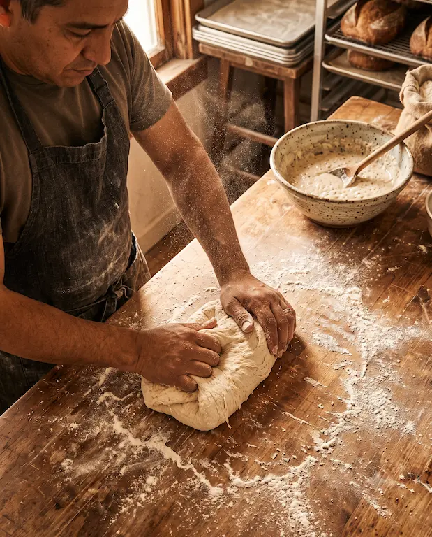 Panadero amasando masa madre